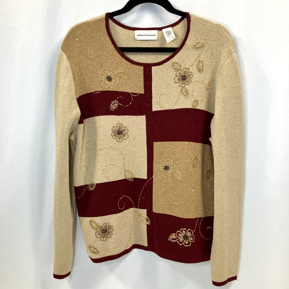 Alfred Dunner Red Gold Rush Sweater Metallic Beaded Floral Holiday Top sz Large